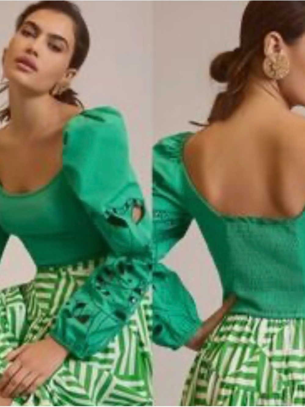 Anthropologie Emerald Puff-Sleeve Square-Neck Top